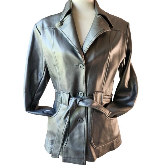Vintage Y2K BB Dakota Faux Leather Jacket Silver Gray Belted Waist Womens Medium - Picture 6 of 7